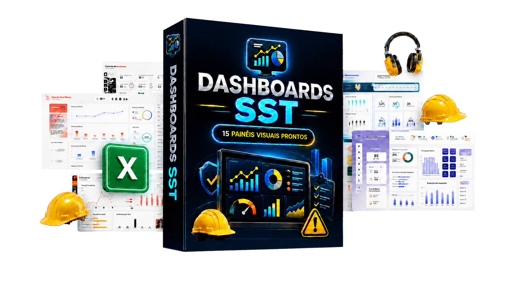 Mockup do pacote de dashboards de SST em Excel